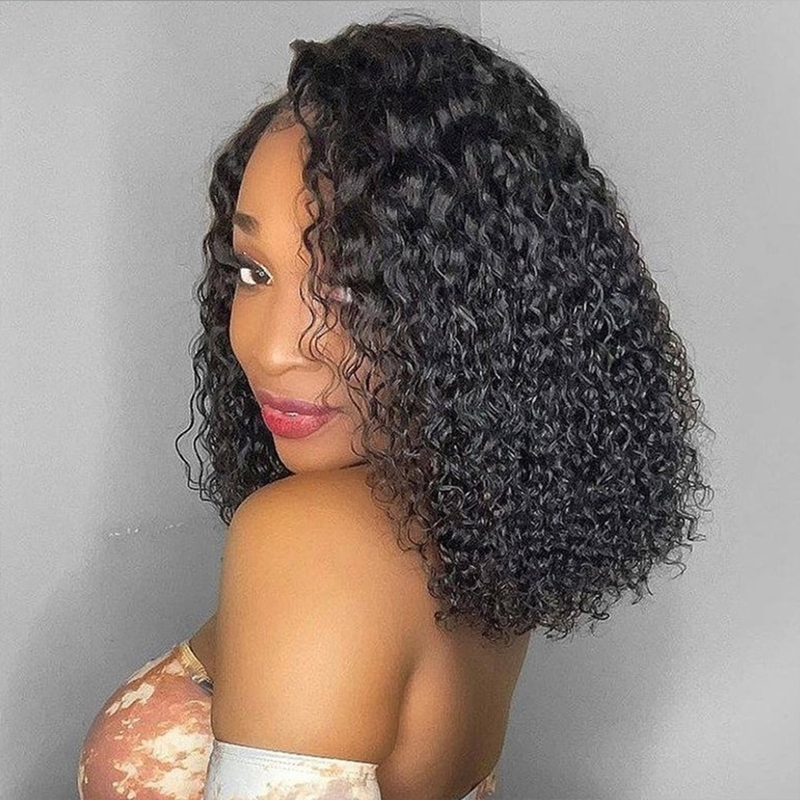 Human Hair Kinky Curly T Part Bob Wig - 图片 2